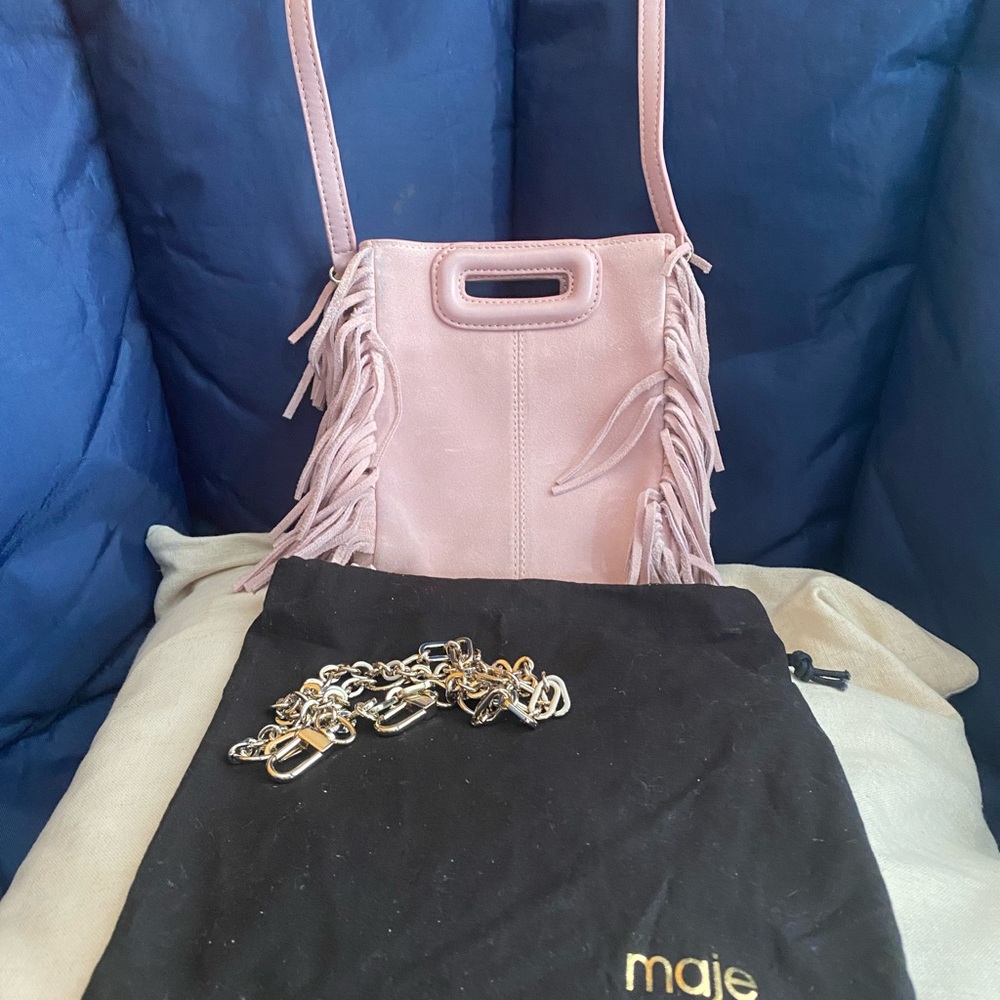 Maje mini M fringed-suede bag baby pink